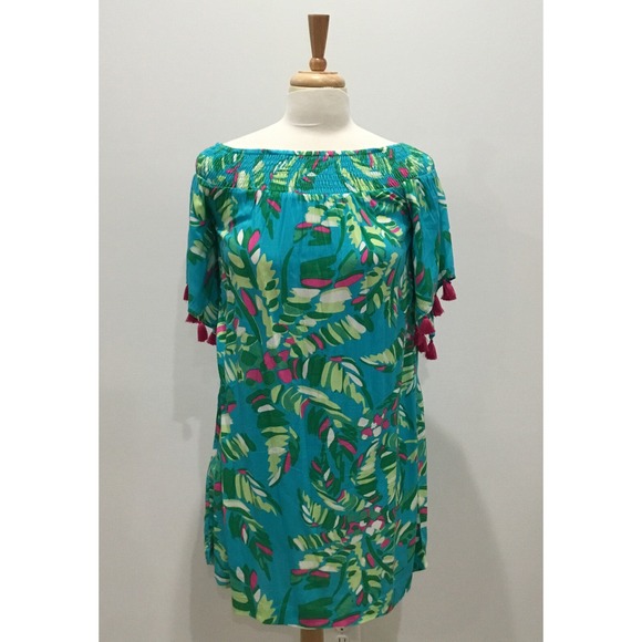 Escapada Living Smocked Tassels‎ A Line Dress L Turq Multi Tropical Preppy - Picture 1 of 16